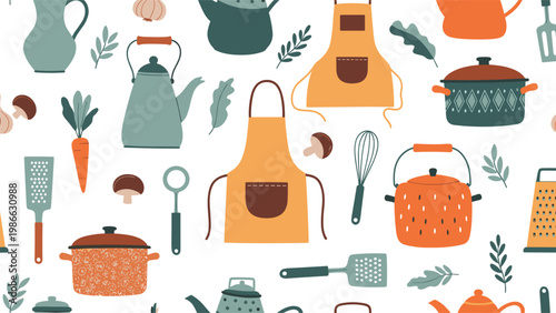 Charming seamless pattern showing kitchen items like aprons, kettles, pots, and various cooking utensils alongside fresh vegetables and herbs.