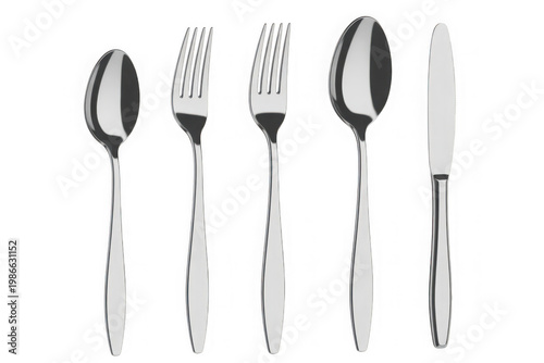 A set of four shiny metal utensils on a white background isolated on transparent background