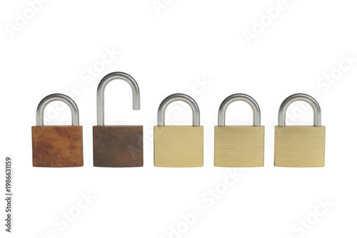 A row of five padlocks in different shades of metal isolated on transparent background