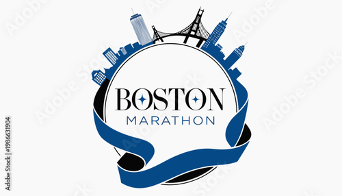 Boston Marathon logo features a blue ribbon and city skyline