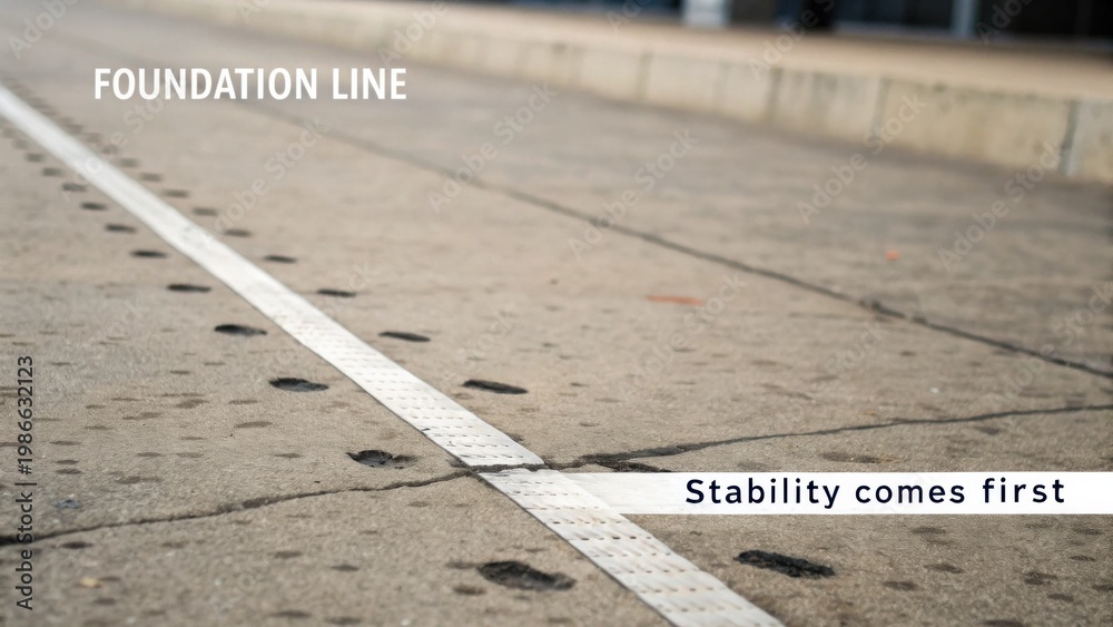 Fototapeta premium Foundation Line on Concrete Surface with Footprints and Phrase Stability Comes First in Modern Urban Setting