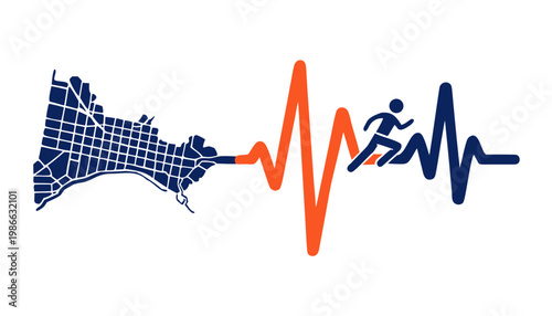 Runner on a city map with a heartbeat line, symbolizing urban energy and athleticism in a vibrant, dynamic illustration of a person running through a cityscape.