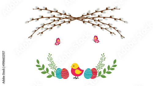 Festive Easter border composition featuring pussy willow branches, colorful decorated eggs, a small bird, and pink butterflies in a symmetrical style.