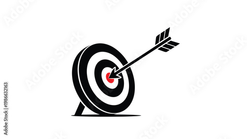 Minimalist black and white target board on a stand with a single arrow perfectly hitting the red center bullseye to represent success and goals.