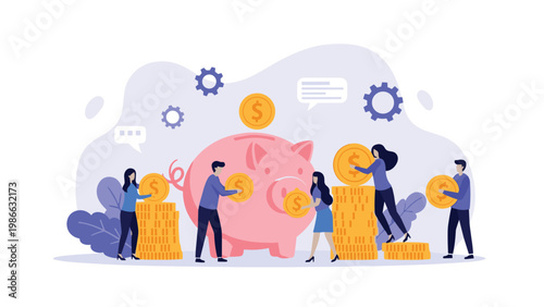 Team of people stacking gold coins and placing them into a large pink piggy bank to represent financial savings, retirement planning, and growth.