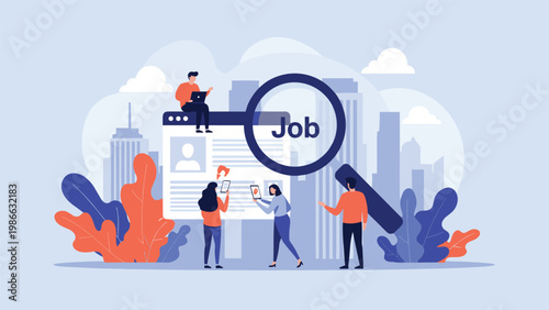 People using a large magnifying glass to search for candidates on a job board against a city skyline, representing recruitment and hiring process.