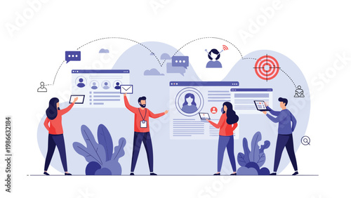 Global recruitment and professional networking concept with diverse workers interacting with digital interfaces to find talent and connect online.