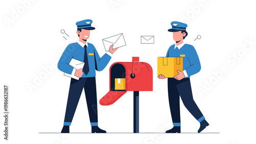 Two postal workers in blue uniforms handling mail and packages at a red mailbox, illustrating reliable delivery services and logistics operations.