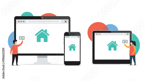 Concept of responsive web design showing a website layout across multiple devices including a desktop monitor, smartphone, and tablet with users.