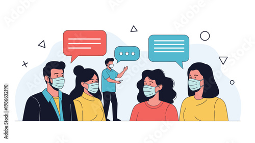 Diverse group of people wearing surgical masks while communicating with speech bubbles, representing safety protocols and social distancing measures.