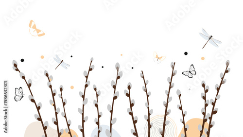 Springtime illustration displays budding pussy willow branches surrounded by graceful butterflies and dragonflies in a serene natural setting.