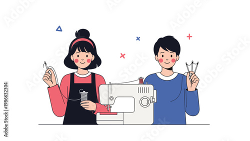 Creative tailors work together using a modern sewing machine and hand stitching techniques to create custom clothing and textile projects.