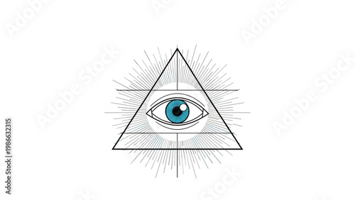 Ancient esoteric symbol of the all-seeing eye is centered within a triangle frame and radiating lines on a clean white background.