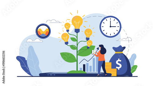 Financial growth and innovative ideas are represented by a professional woman tending to a plant with glowing light bulbs instead of flowers.