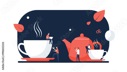 Miniature office workers enjoy a creative coffee break around giant mugs and a teapot against a dark background with falling leaves.