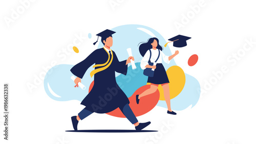 Joyful graduates celebrate their academic achievement by running and tossing their hats in the air while holding their hard-earned diplomas.