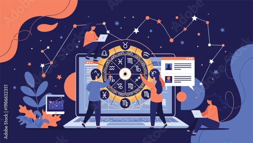 Digital astrology and horoscope analysis are depicted by people researching zodiac signs and star constellations using modern laptops and tablets.