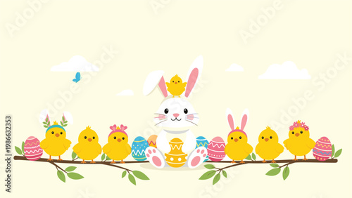 Adorable Easter bunny and a group of cute yellow chicks wearing bunny ears celebrate the holiday on a tree branch with decorated eggs.