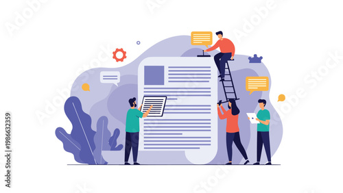 Content creation and editorial team works together to write, edit, and finalize an important digital document on a large paper scroll.