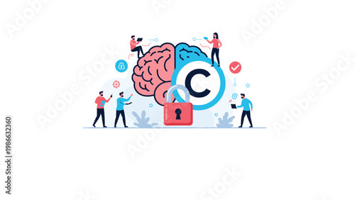 Protection of intellectual property and creative ideas is visualized through people securing a human brain with locks and copyright symbols.