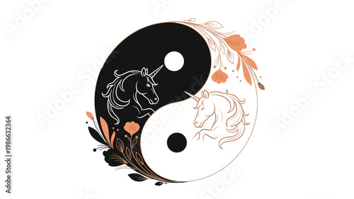 Harmonious Yin Yang symbol is reimagined with graceful black and white unicorns and elegant peach floral accents on a white background.