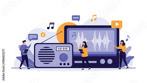 Creative team produces audio content for radio broadcasts and digital podcasts while monitoring sound waves and digital recording levels.