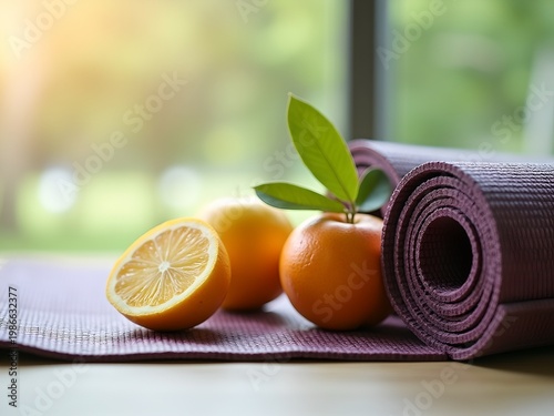 A tranquil yoga setting with a focus on mindfulness and health. A mat is displayed prominently, alongside a rolled up purple towel, indicating a space for physical activity such as yoga or Pilates