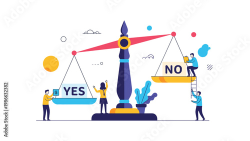 Team of professionals evaluates options on a giant scale labeled yes and no to make important business decisions and financial choices.