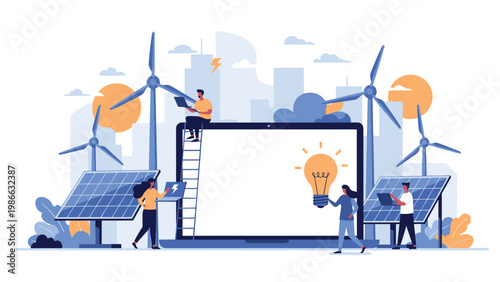 Future of renewable energy is depicted by professional people managing wind turbines and solar panels to power a modern sustainable city.