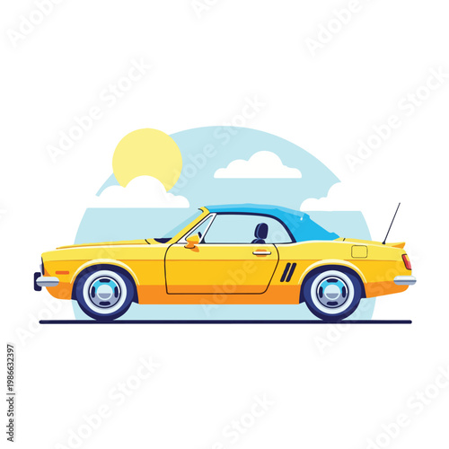 A yellow convertible car on a road with sun and clouds