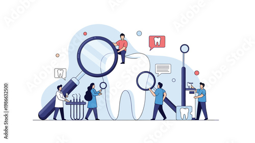 Comprehensive dental health and care concept with tiny dentists examining a giant white tooth with various medical tools.