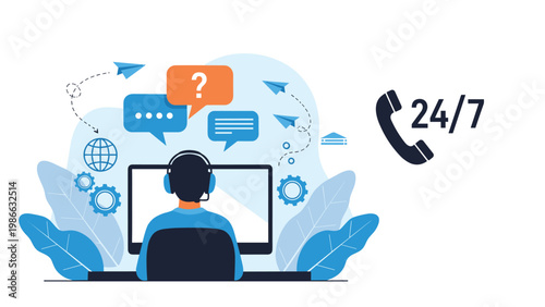 Professional 24-7 customer service and online support concept with a representative working at a modern computer setup.