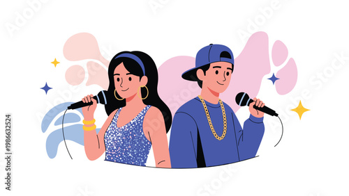 Young male and female singers performing together on stage with microphones in a creative and colorful abstract setting.