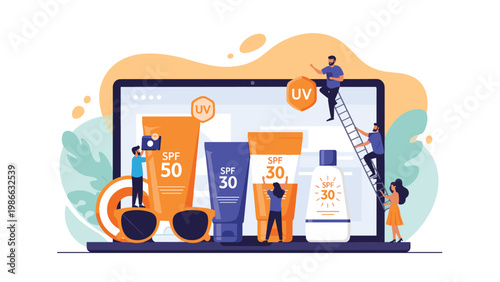 Sun protection and skin care concept with people organizing various sunscreen and SPF products on a large laptop screen.