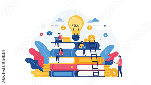 Higher education and academic knowledge acquisition concept with students studying on a stack of giant colorful books.