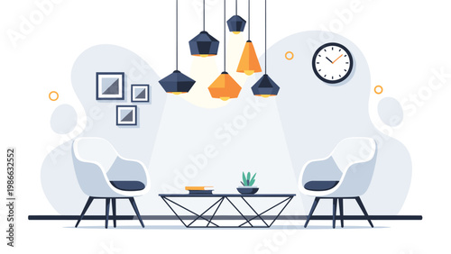 Modern living room interior design with stylish pendant lamps, comfortable designer chairs, and a central coffee table.