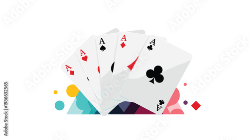 Winning hand of five ace playing cards with different suits displayed against a vibrant and colorful abstract background.