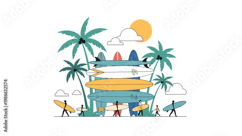 Relaxing tropical beach scene with tall palm trees and a stack of colorful surfboards ready for active surfers to use.