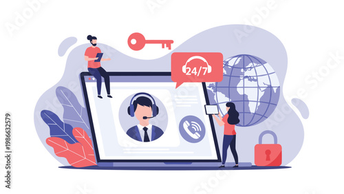 Global customer support services concept featuring a laptop with a headset icon surrounded by 24/7 assistance and security symbols.
