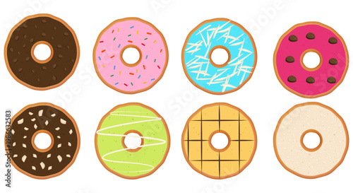 Set of Colorful Donuts with Various Toppings and Glazes. Vector Illustration