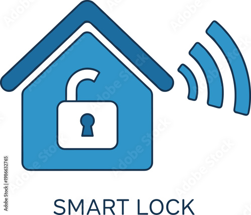 Smart lock icon with house and padlock, security and access control for home automation, keyless entry technology.