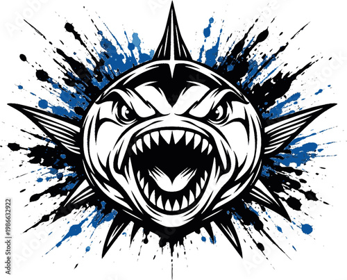 Aggressive tuna fish mascot logo with ink splatter isolated on white background for branding and t-shirt design