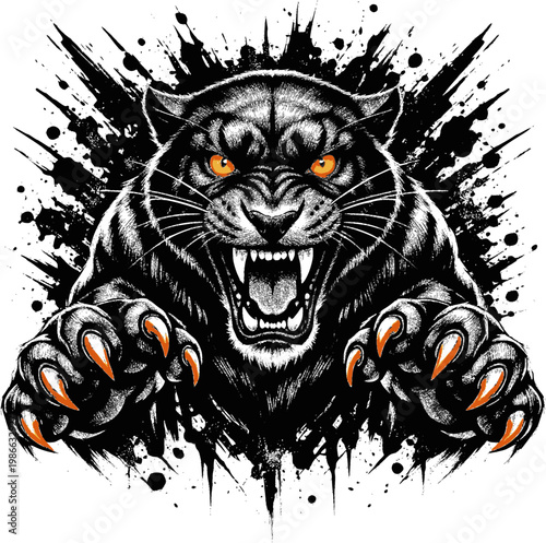 Black panther aggressive mascot logo with ink splatter style glowing eyes for branding design