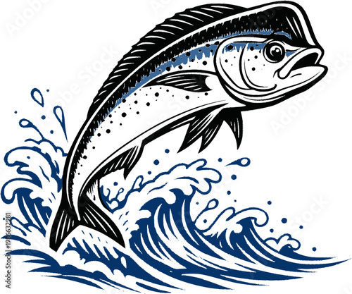 Jumping fish illustration with water splash black line art isolated on white background for design