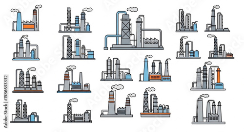Collection of Industrial Factory and Plant Illustrations with Smoke.