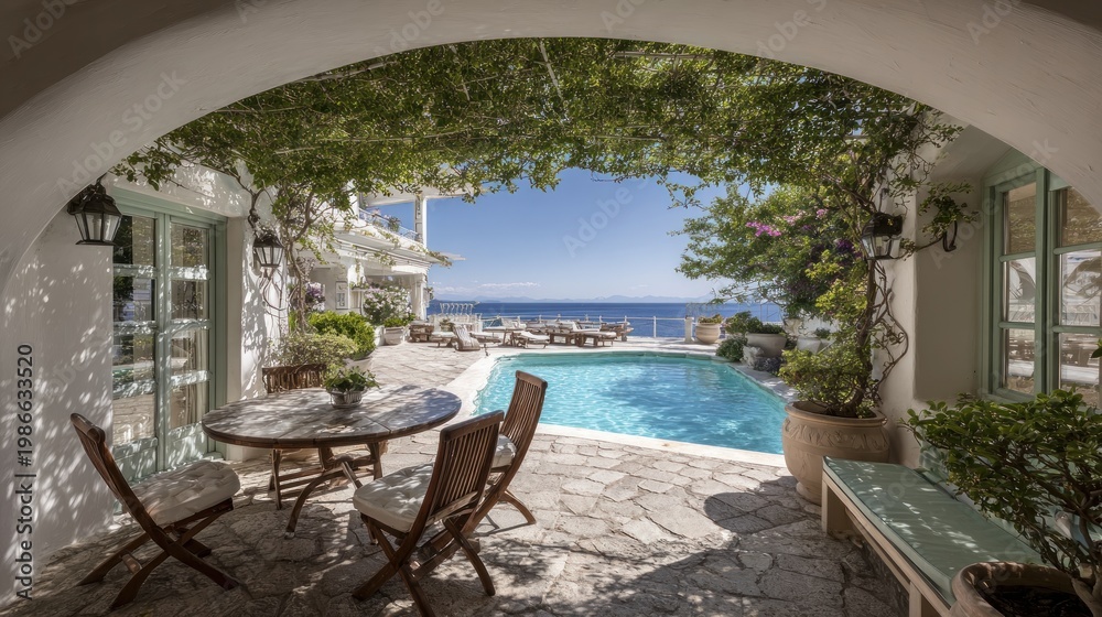 Fototapeta premium Seaside leisure scene with swimming pool viewed through an archway under sunlight
