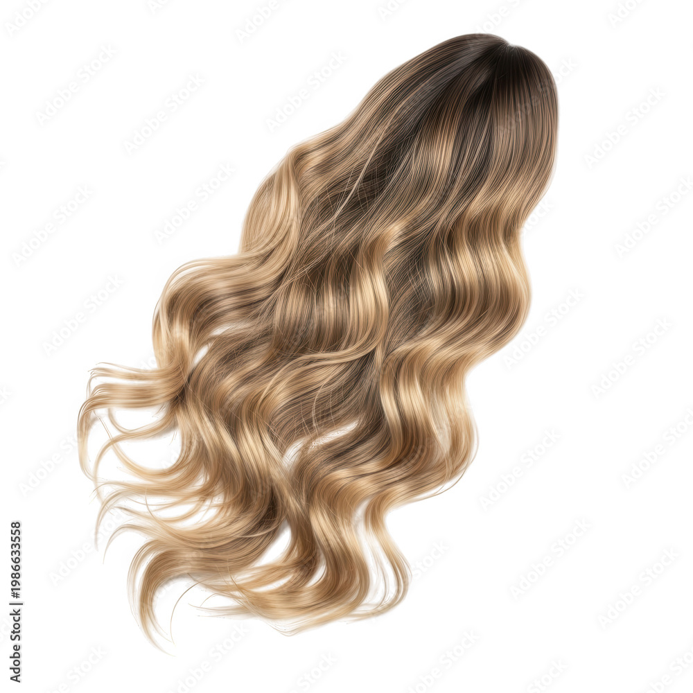 Naklejka premium A long wavy blonde hair extension with dark roots isolated on transparent background
