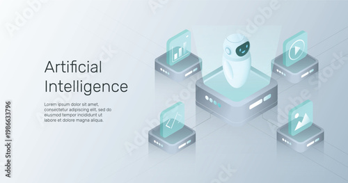 Isometric Banner AI robot with icons. Agentic AI. Virtual smart assistant bot. Machine learning. Artificial Intelligence technology innovation background.
