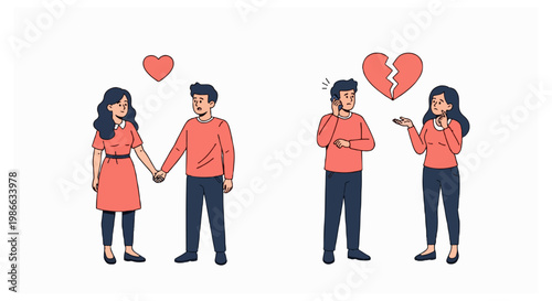 A male and female character are shown in two states of a relationship including holding hands in love and standing apart during a breakup.