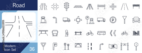 Modern Minimal Road Infrastructure Line Icons Set with Traffic, Transport and Navigation Elements.